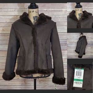 Style & Co. Petite Brown Faux Suede Faux Fur Accent Jacket LP NWT